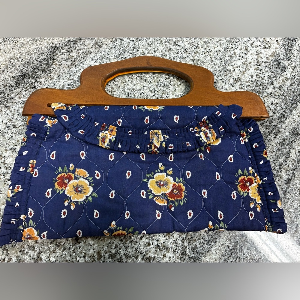 1980s Blue Quilted Floral Clutch Purse with Wooden Handle